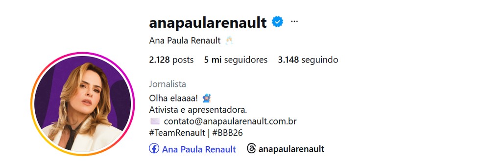 Veja quantos seguidores tem Ana Paula Renault, do BBB 26, atualmente — Foto: reprodução/Instagram