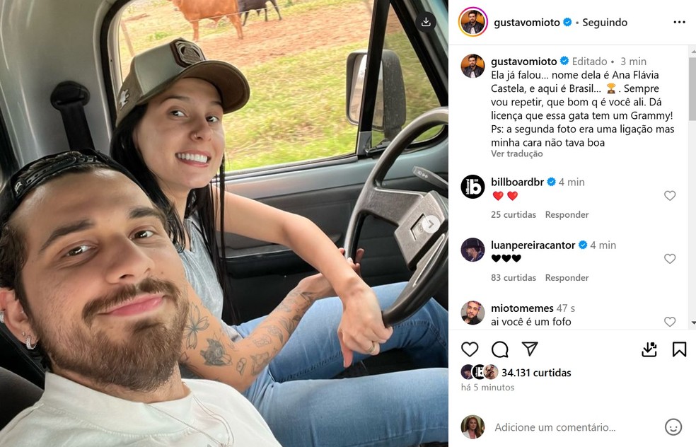 Gustavo Mioto parabeniza Ana Castela por Grammy — Foto: Reprodução/Instagram