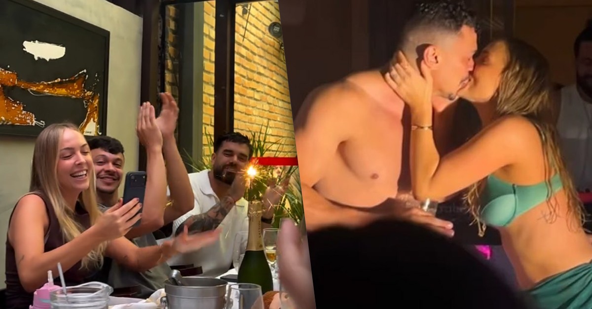 Júlio Cocielo e Tata Estaniecki almoçam juntos e dão beijão no aniversário da influenciadora