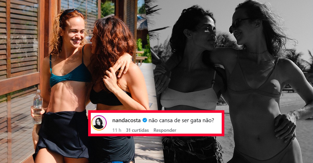 Emilie Rey e Nanda Costa em fotos na praia, sorrindo e trocando olhares