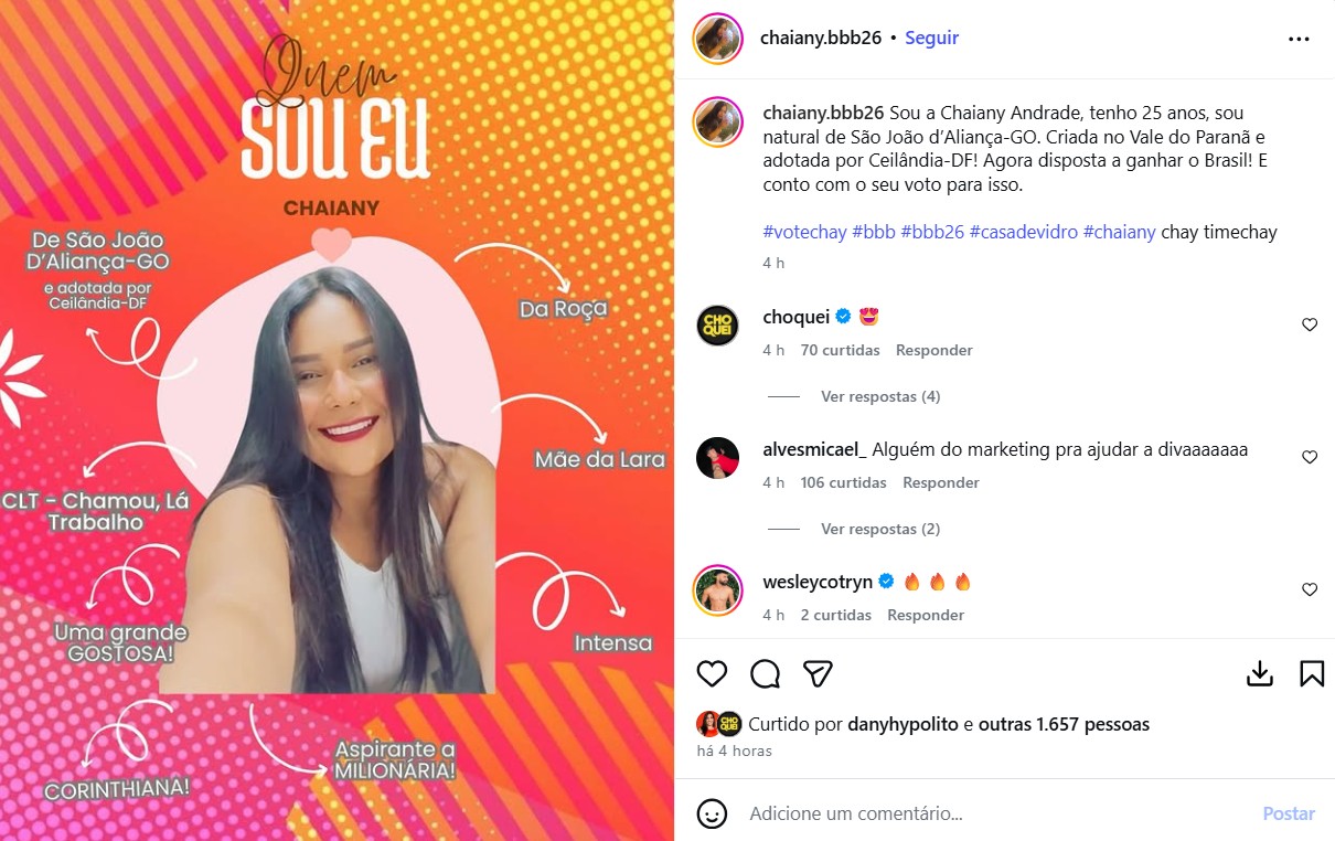 Chaiany é a primeira Pipoca do BBB 26 a atingir 1 milhão de seguidores nas redes