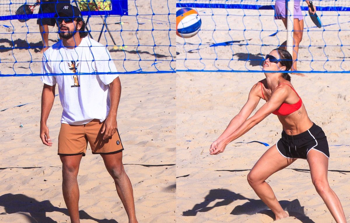 Agatha Moreira e Rodrigo Simas aproveitam dia de sol para jogar futevôlei nas areias da Barra da Tijuca