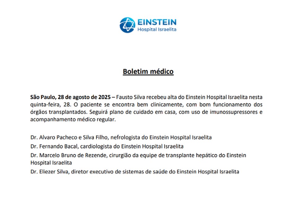 Boletim médico de Fausto Silva — Foto: Divulgação