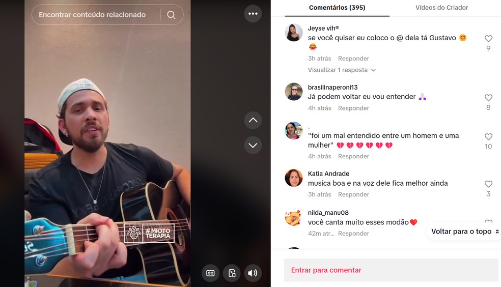 Fãs comentam cover de Gustavo Mioto — Foto: Reproduçã