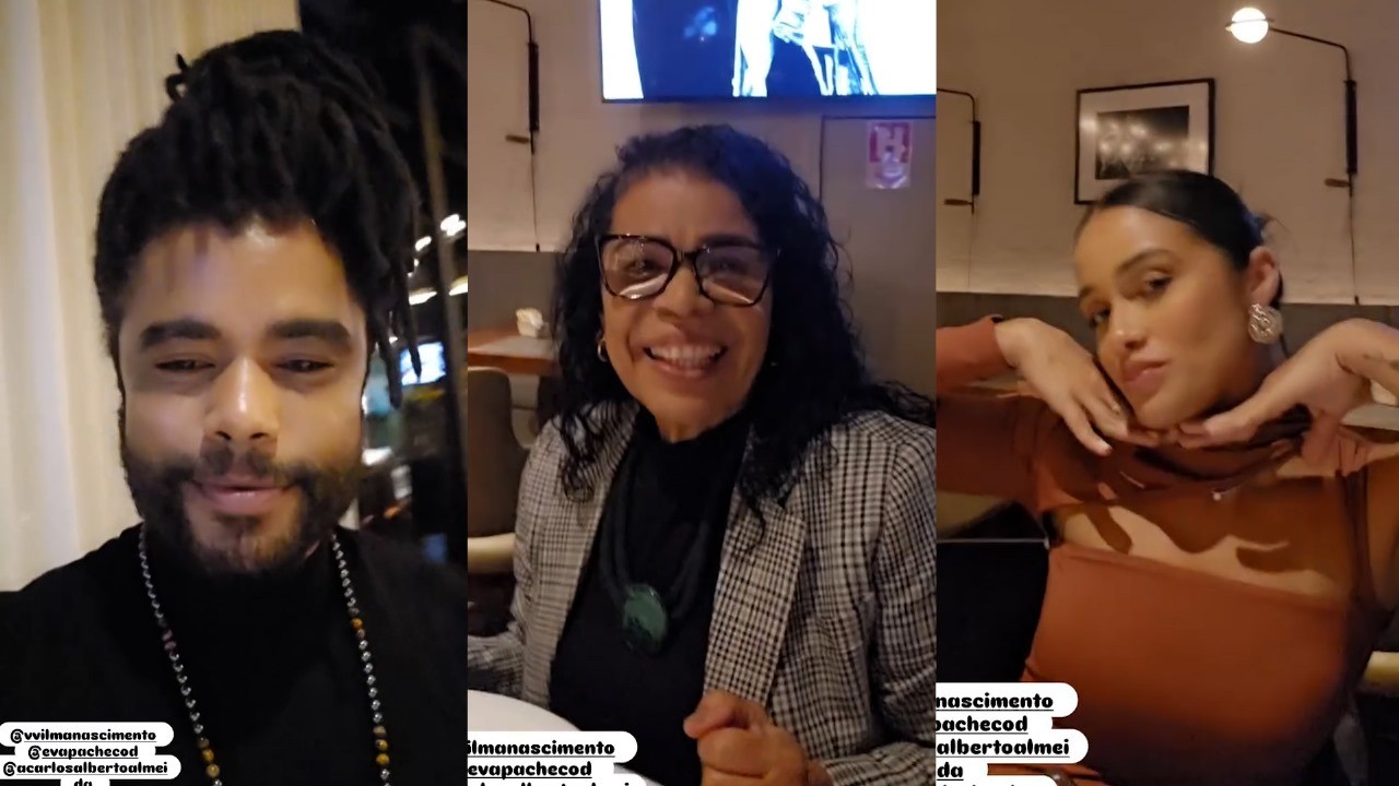 Diogo Almeida, Vilma e Eva jantam juntos em churrascaria no Rio de Janeiro