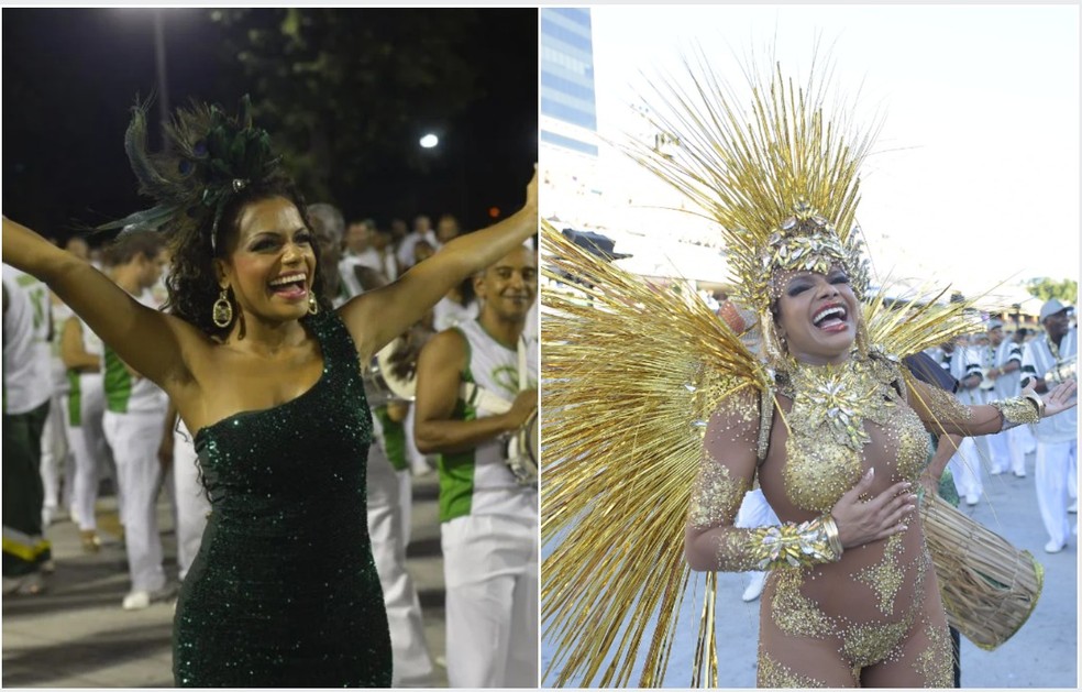 Quit&eacute;ria Chagas desfilando pelo Imp&eacute;rio Serrano em 2013 e como rainha de bateria em 2025 &mdash; Foto: Agnews e Alexandre Loureiro | Riotur