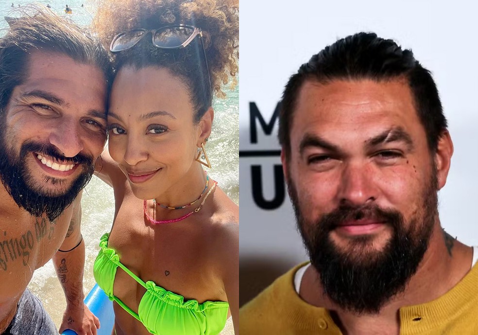 Saulo Bernard e Sheron Menezzes; à direita, Jason Momoa — Foto: Montagem/Reprodução/Instagram/REUTERS/Aude Guerrucci