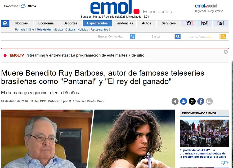 'Emol' repercurte a morte de Benedito Ruy Barbosa — Foto: Reprodução