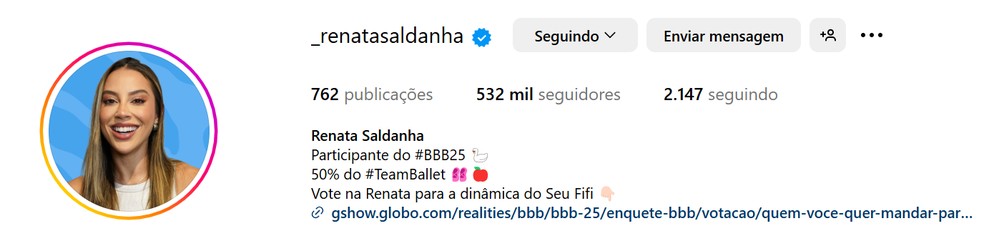 Perfil de Renata após 2 meses de programa — Foto: Reprodução / Instagram