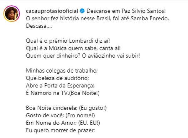 Cacau Protasio faz homenagem a Silvio Santos — Foto: Reprodução