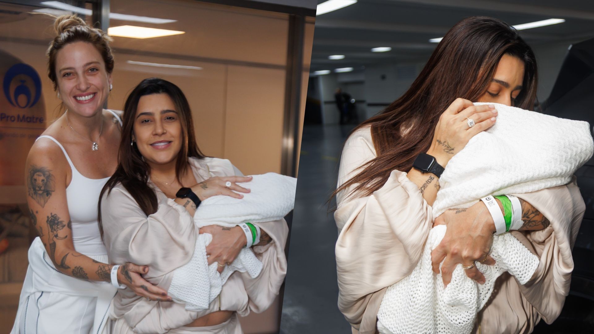 Lauana Prado e Tati Dias saem da maternidade com o filho Dom: 'Friozinho na barriga'
