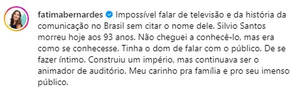 Fátima Bernardes presta homenagem a Silvio Santos — Foto: Reprodução