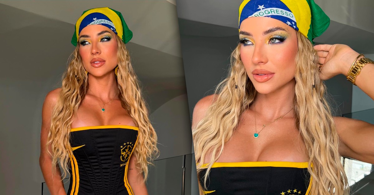 Ex-BBB Gabi Martins aposta em corset com decote poderoso para torcer pelo Brasil na Copa do Mundo