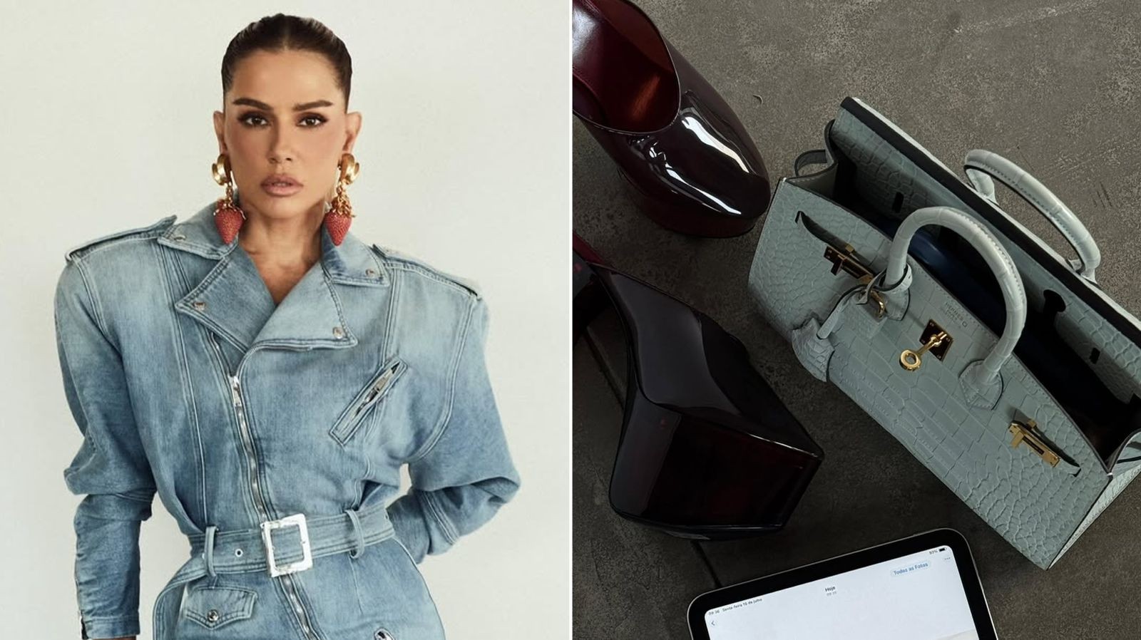 Deborah Secco usando vestido jeans com bolsa Hermes Birkin de cor verde