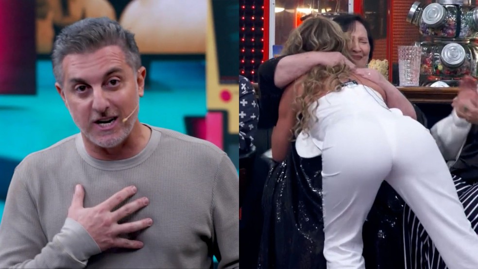 Luciano Huck celebra abraço de Dona Déa e Lívia Andrade no Domingão: 'Um presente' — Foto: Globo