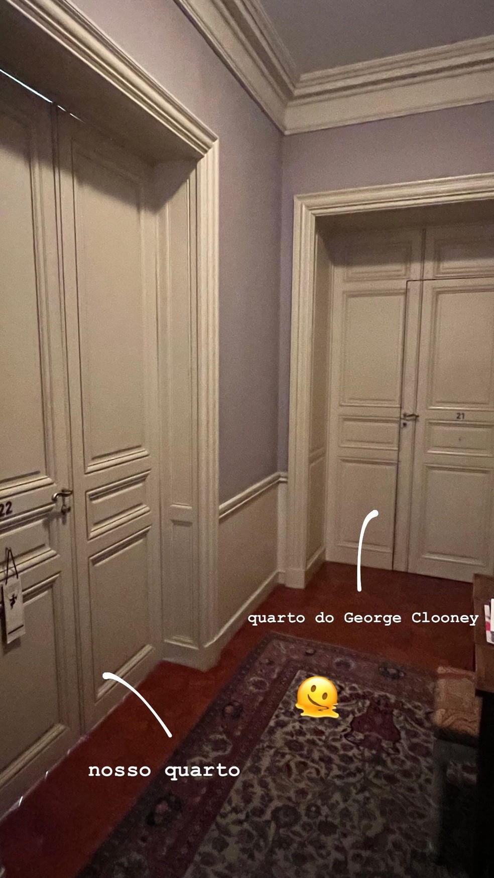 Após encontrarem George Clooney, esposa de William Bonner mostra proximidade do quarto do ator — Foto: Instagram