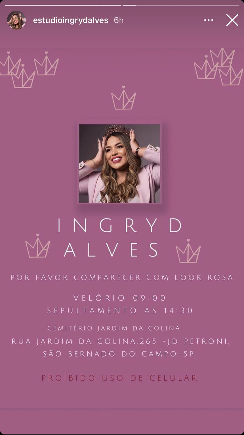 Equipe de Ingryd Alves pede 'look rosa' em velório — Foto: Reprodução