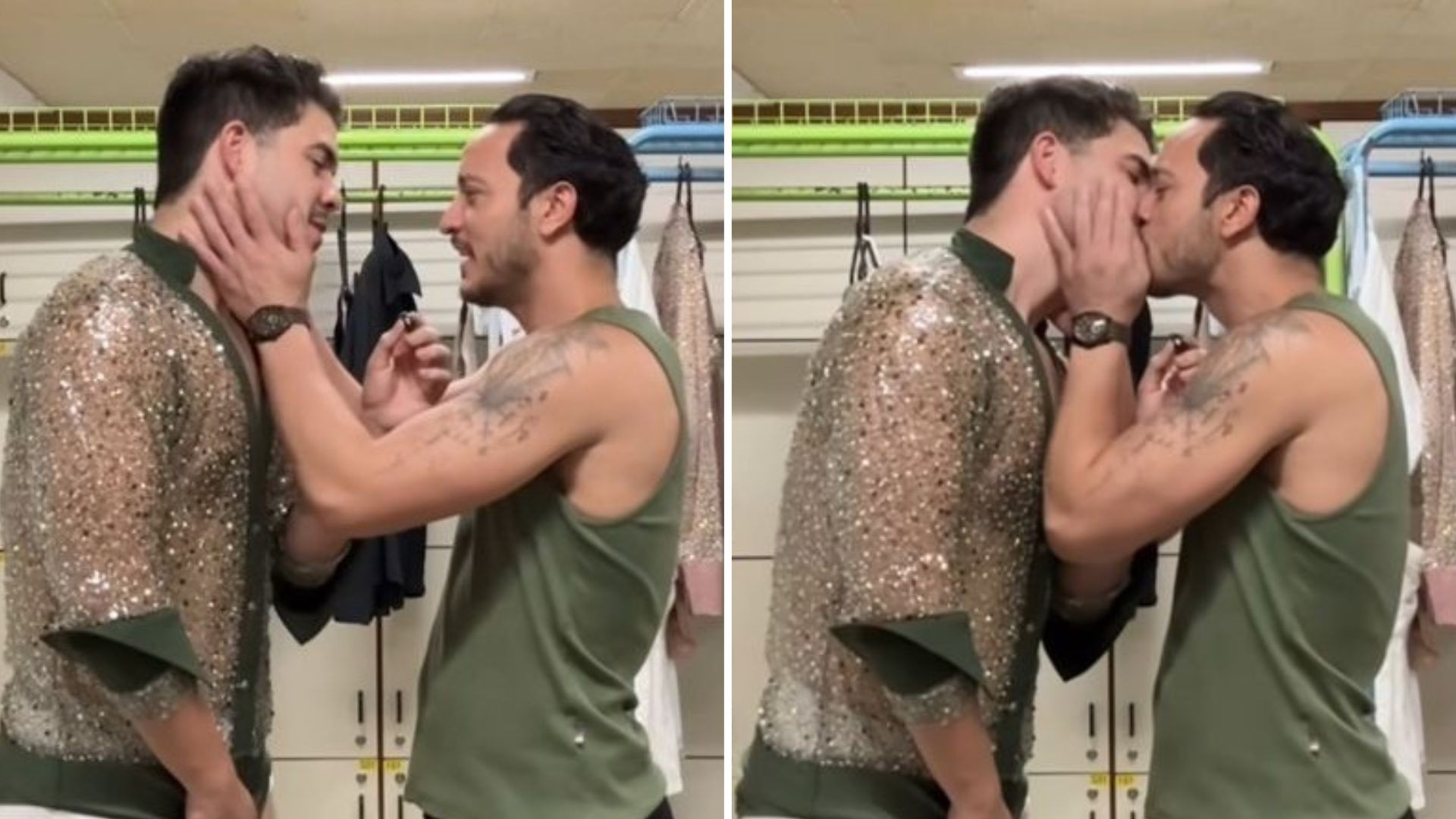 Nos bastidores do Dança, Álvaro e Allan Souza Lima dão selinho, e influenciador brinca: 'To namorando'