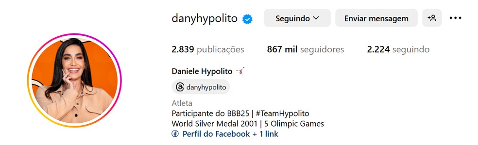 Perfil de Daniele Hypolito após 2 meses de programa — Foto: Reprodução / Instagram