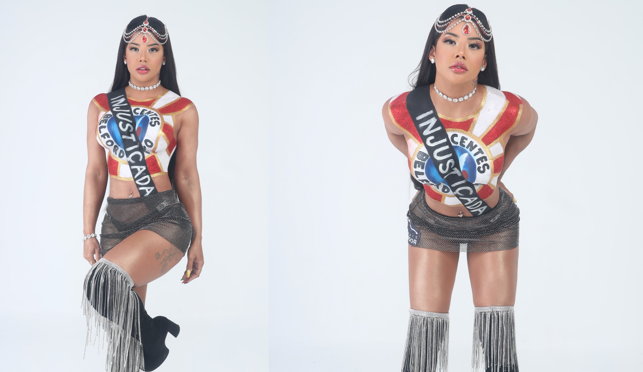 Musa da Inocentes de Belford Roxo protesta contra rebaixamento com pintura corporal: 'Injustiçada'