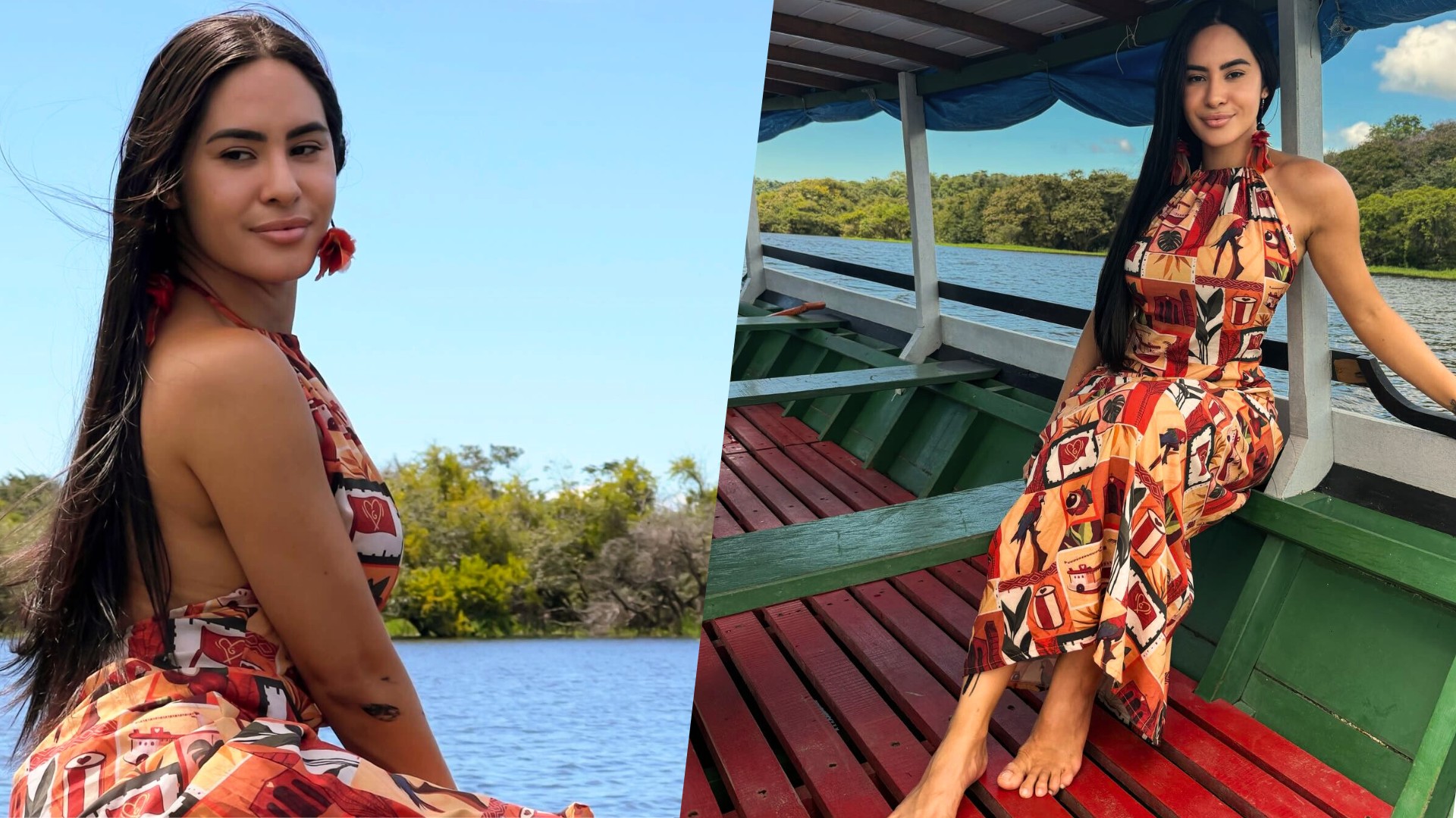 Isabelle Nogueira posa descalça durante passeio de barco na Amazônia