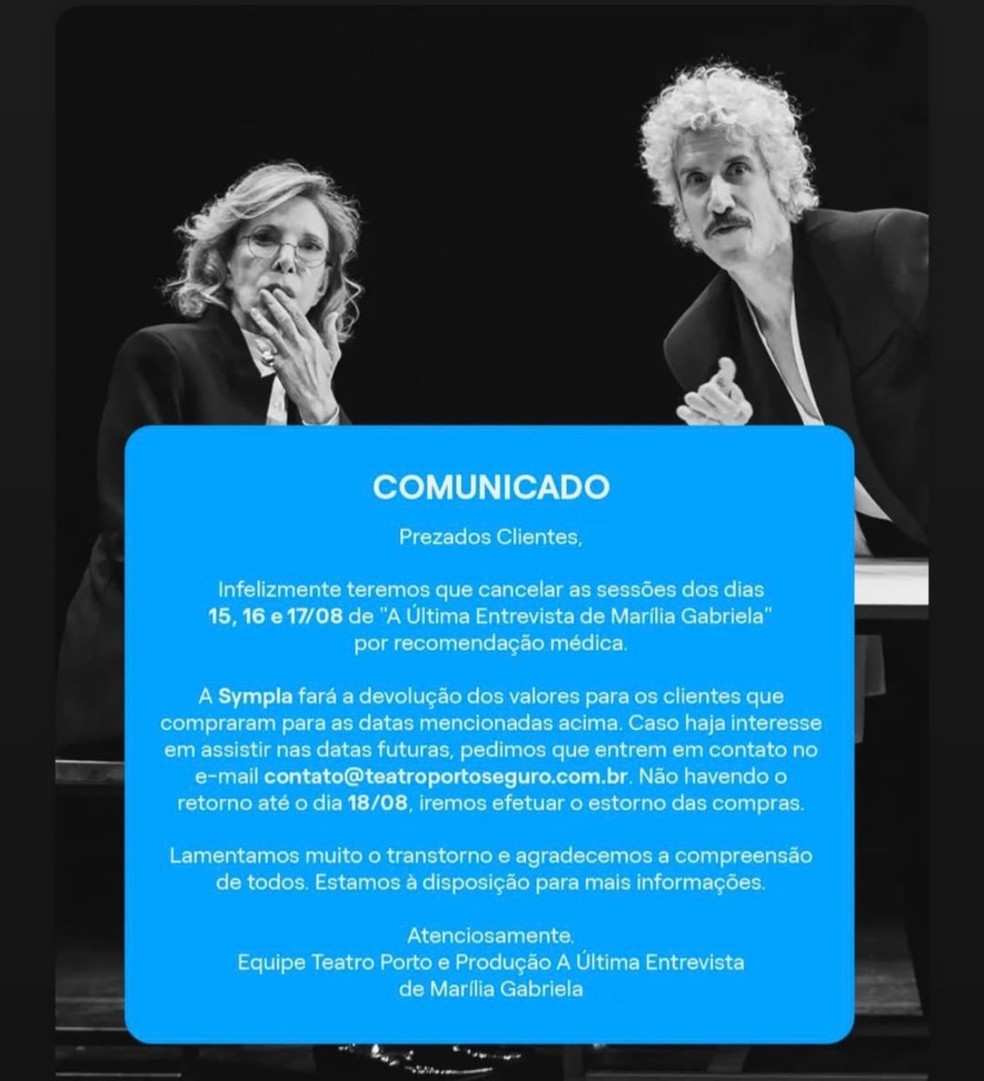Marília Gabriela cancela peça com o filho Theodoro Cochrane — Foto: Reprodução/Instagram