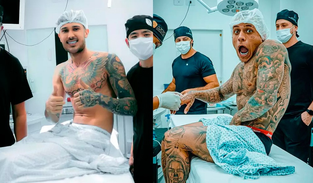DJ Luccas Pombal e Mc Pedrinho: famosos têm recorrido a anestesia geral para fazer ou completar tatuagens — Foto: Reprodução/Instagram