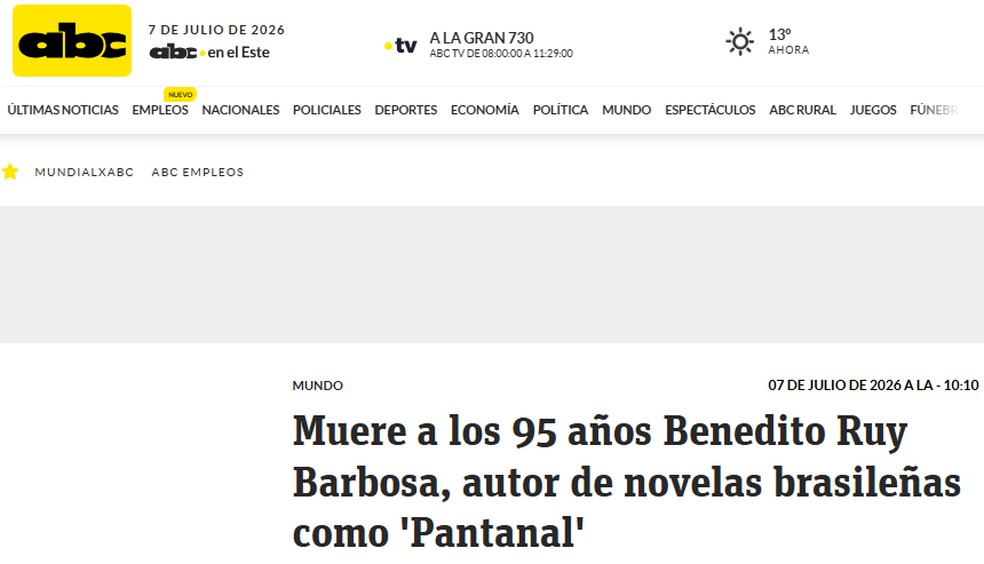Jornal ABC, do Paraguai, repercute morte de Benedito Ruy Barbosa — Foto: Reprodução