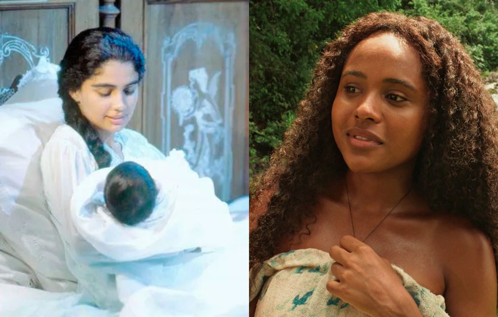 Patrícia Franca como Maria Santa na primeira versão de Renascer e Duda Santos na nova versão — Foto: Globo