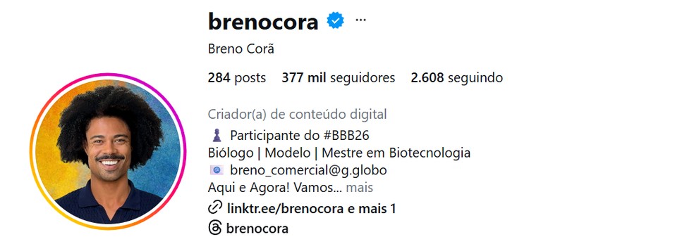 Veja quantos seguidores tem Breno, do BBB 26, atualmente — Foto: reprodução/Instagram