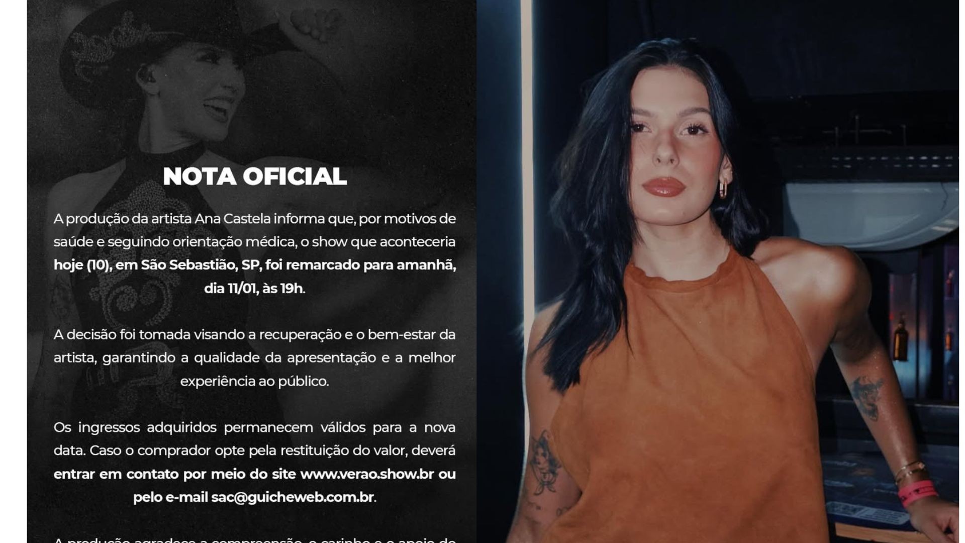 Ana Castela adia show em São Paulo por 'motivos de saúde': 'Seguindo orientação médica'