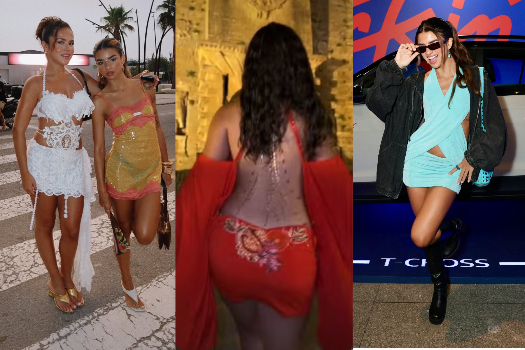 Maisa Silva com vestido laranja nas costas em Ibiza, ao lado de Luana Benfica