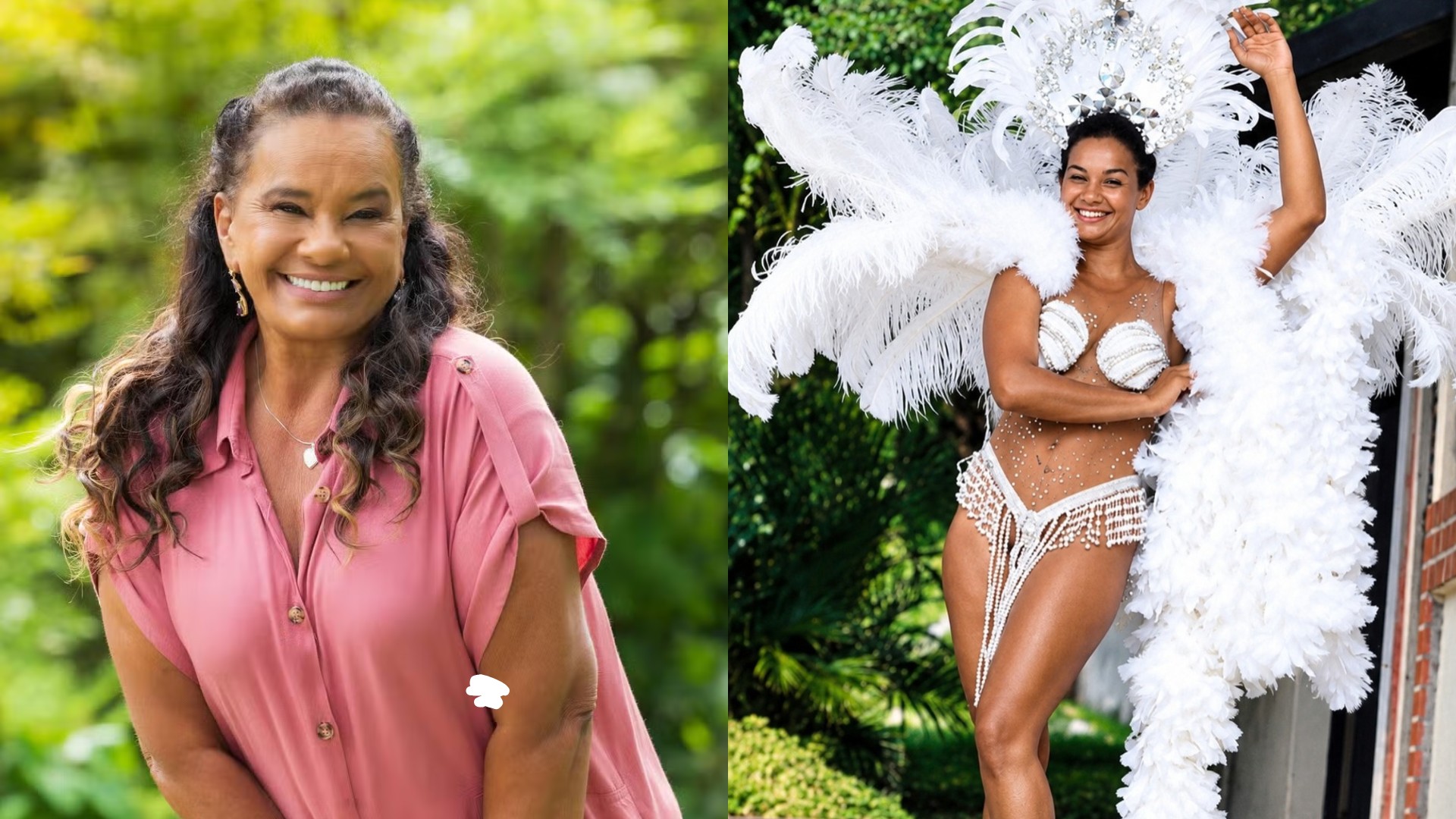 Solange Couto sorrindo em evento de cinema, com cenário de Carnaval ao fundo