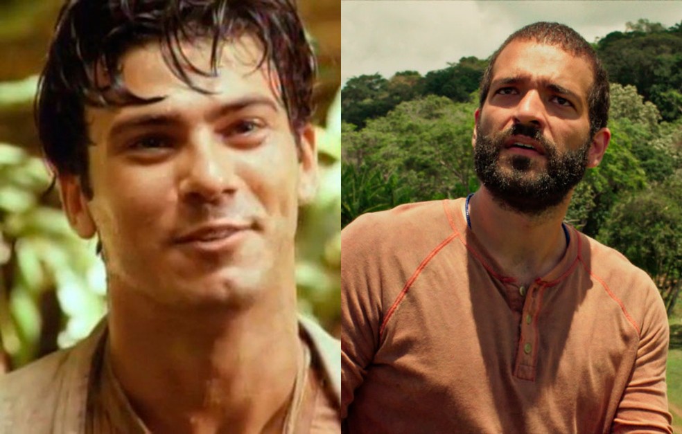 Na primeira versão de Renascer, Leonardo Vieira como o jovem José Inocêncio. Humberto Carrão já caracterizado como o personagem na nova versão — Foto: Globo