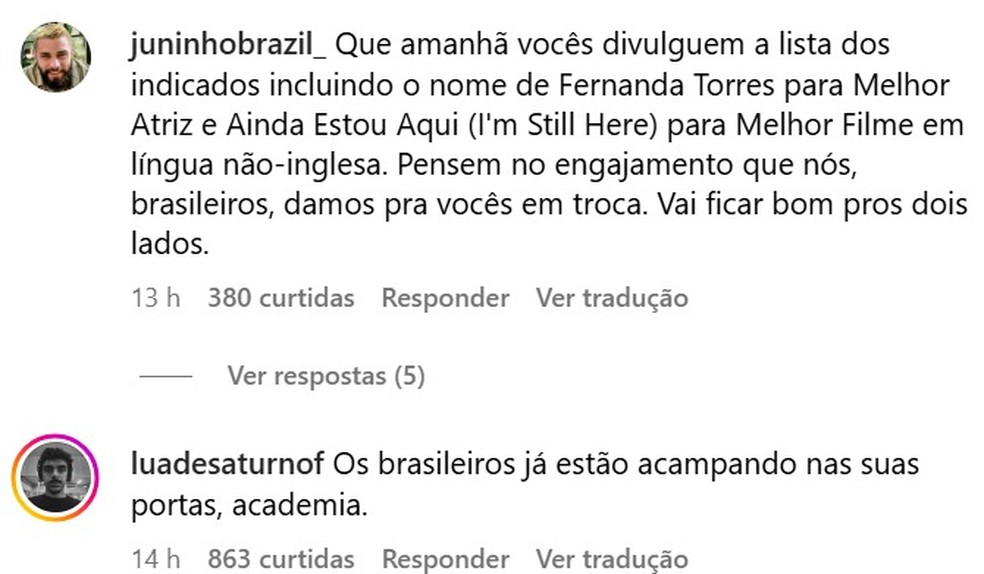 Brasileiro diz que indicações ao Brasil ajudaram no engajamento do Oscar nas redes sociais — Foto: Instagram