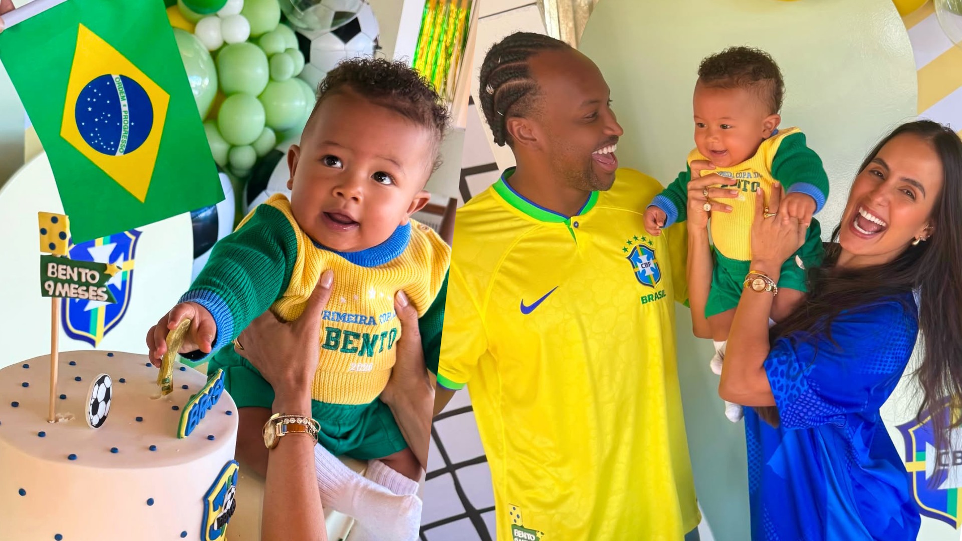 Carol Peixinho e Thiaguinho celebram os 9 meses de Bento em clima de Copa do Mundo: 'Você é o gol mais bonito'