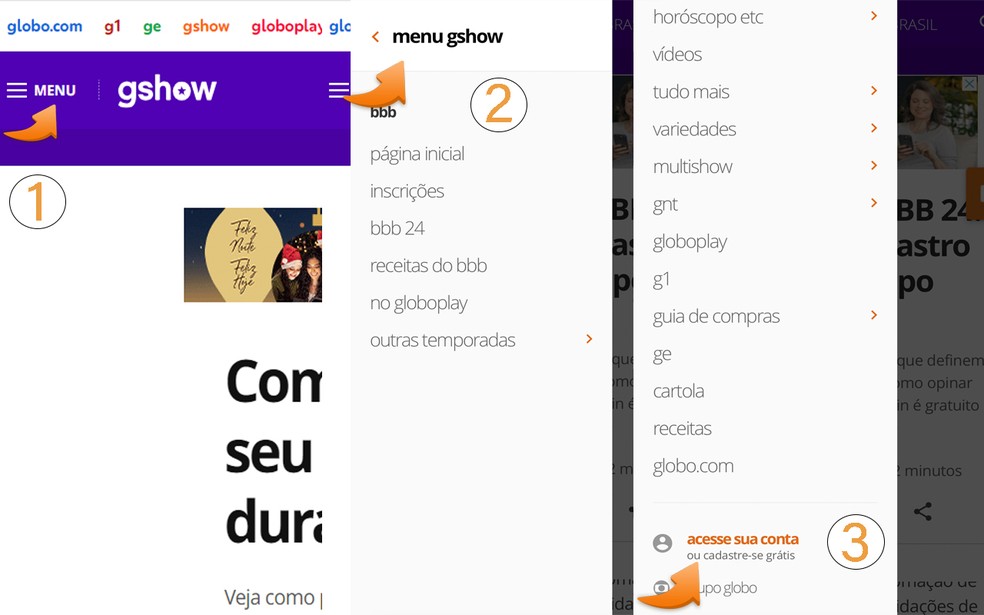 Como votar no BBB 24: veja como se cadastrar acessando o site pelo celular. Clique em 'menu', depois em 'menu gshow' e depois em 'acesse sua conta' — Foto: Globo