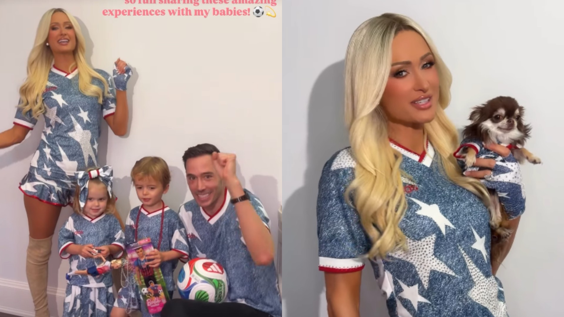 Paris Hilton combina look com o marido, filhos e cachorro para jogo dos EUA