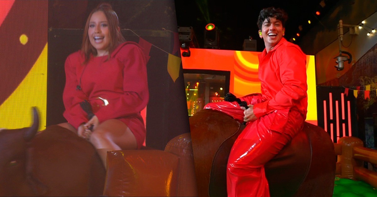 Mari Fernandez e Léo Foguete brincam no touro mecânico em Festa do BBB 26