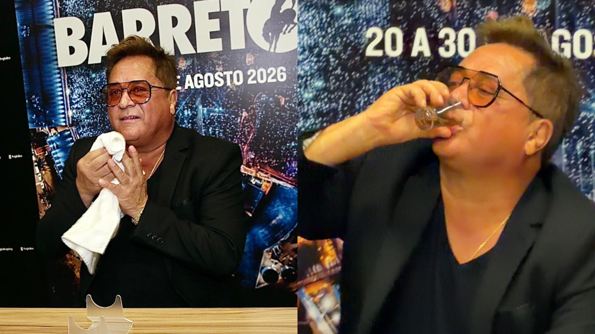 Leonardo tomando shot de cachaça durante coletiva em Barretos