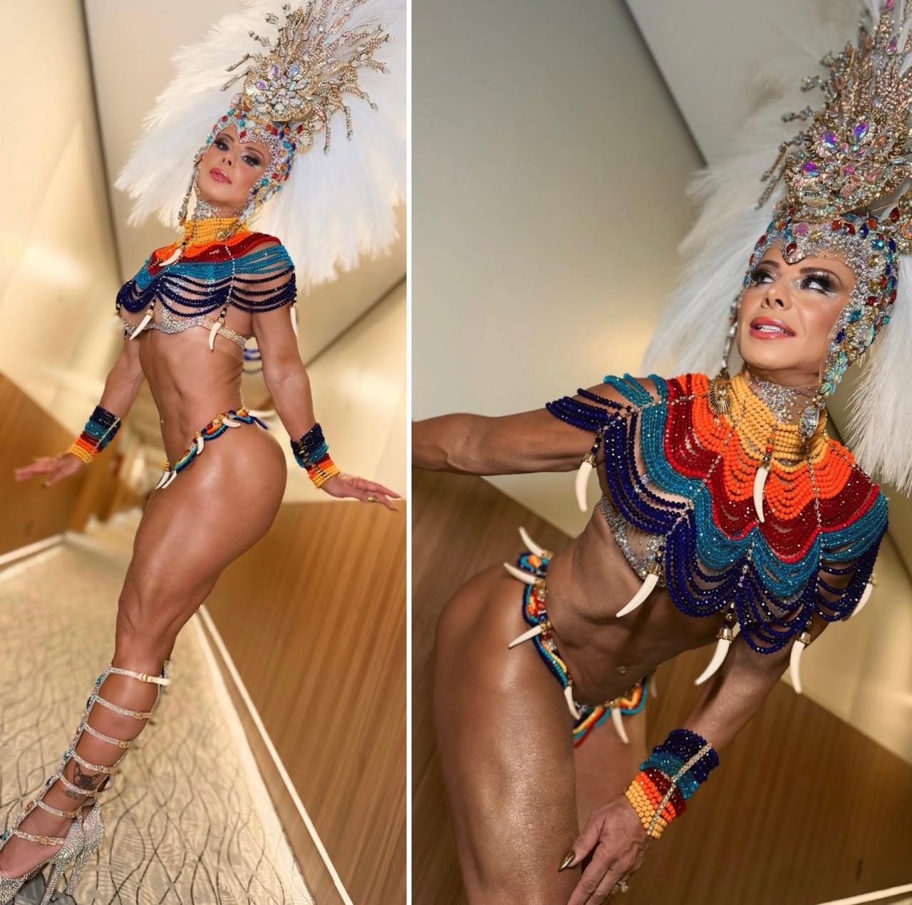 Viviane Araujo exibe shape musculoso em look multicolorido como rainha de bateria da Mancha Verde