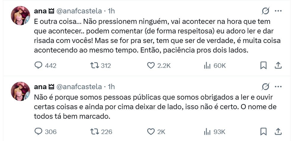 Ana Castela comenta boatos de volta com Gustavo Mioto: 'Vai acontecer na hora que tem que acontecer' — Foto: Reprodução/X