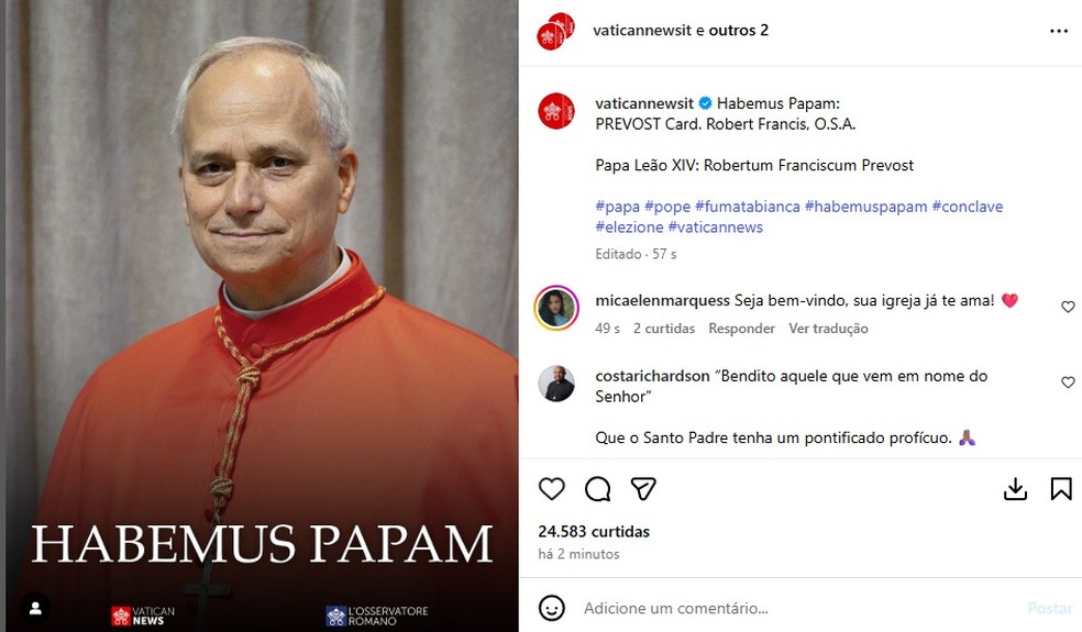 Vaticano anuncia o cardeal americano Robert Francis como Papa Leão XIV — Foto: Instagram