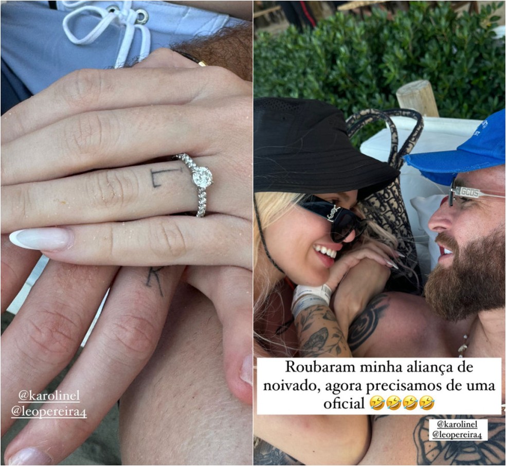 Karoline Lima e Léo Pereira 'ficam noivos' durante brincadeira em Fortaleza — Foto: Reprodução/Instagram