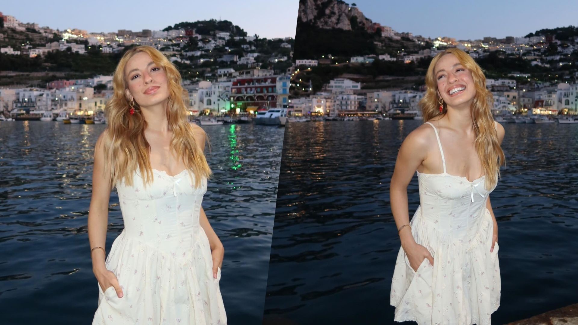 Beatriz Reis posa com paisagem de Capri ao fundo