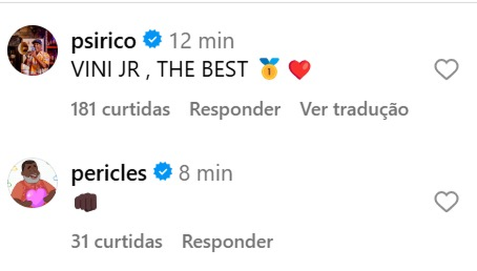 Comentários de Psirico e Péricles no post de Vini Jr. — Foto: Reprodução / Instagram