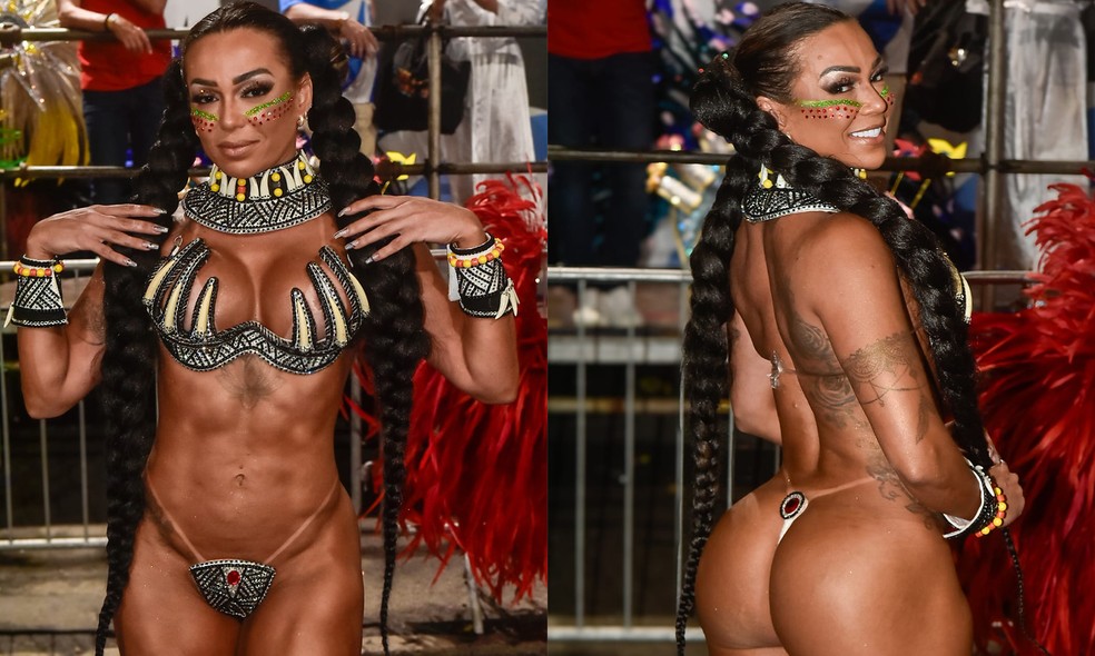 Letícia Guimarães, destaque do Salgueiro, inova e aposta em tapa-sexo 'de pressão' — Foto: Roberto Teixeira/gshow