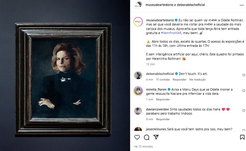 Museu do Rio brinca com quadro para Odete Roitman, e Debora Bloch responde: 'Não toque, é arte'