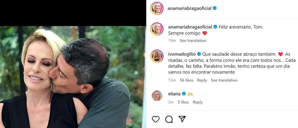 Ana Maria presta homenagem no aniversário de Tom Veiga — Foto: Globo