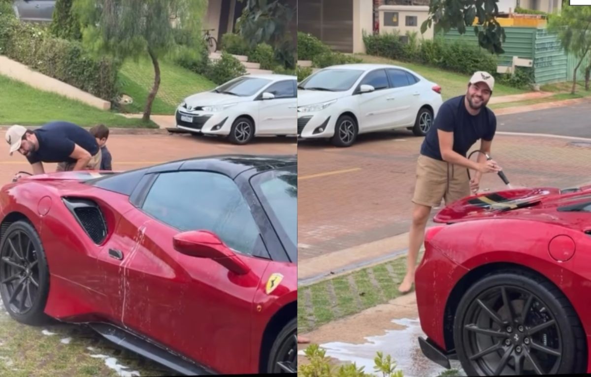 Em casa e com os filhos, Cristiano lava Ferrari avaliado em R$ 5 milhões: 'Não estou vendo essa cena'